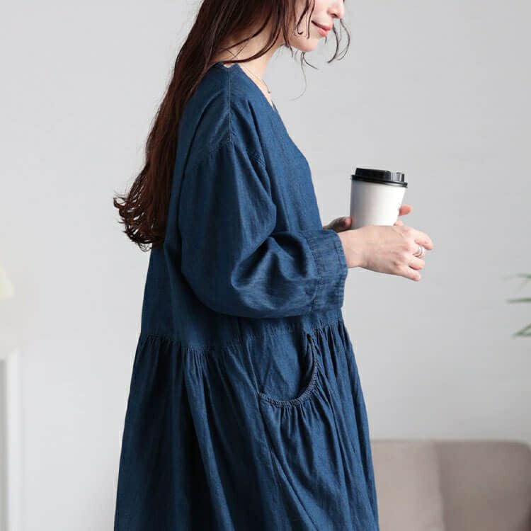 大きいサイズ レディース ギャザーポケットコットンデニムワンピース　plan-381003