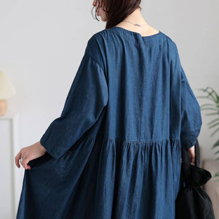 大きいサイズ レディース ギャザーポケットコットンデニムワンピース　plan-381003