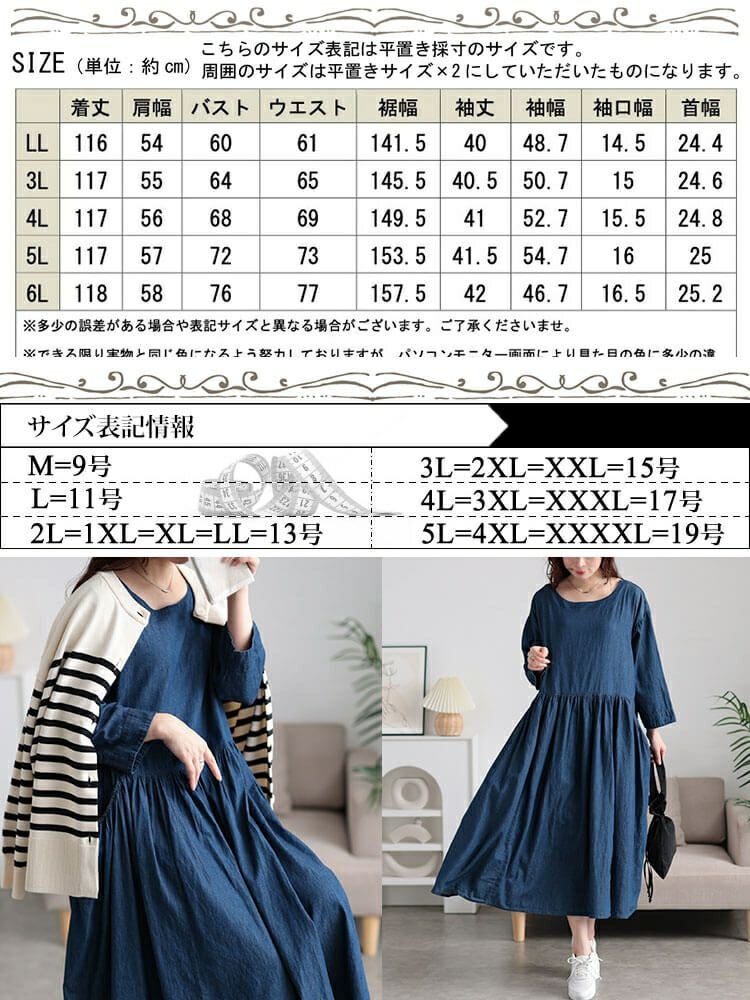 大きいサイズ レディース ギャザーポケットコットンデニムワンピース　plan-381003