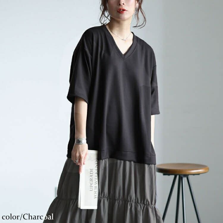 大きいサイズ レディース Vネック異素材ドッキングギャザーワンピース　sw-0732