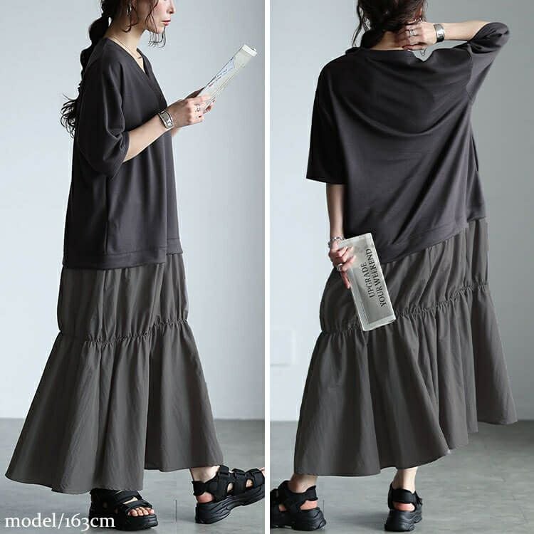 大きいサイズ レディース Vネック異素材ドッキングギャザーワンピース　sw-0732