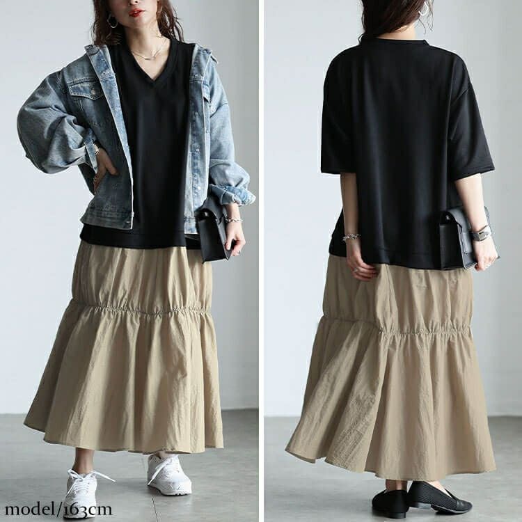 大きいサイズ レディース Vネック異素材ドッキングギャザーワンピース　sw-0732