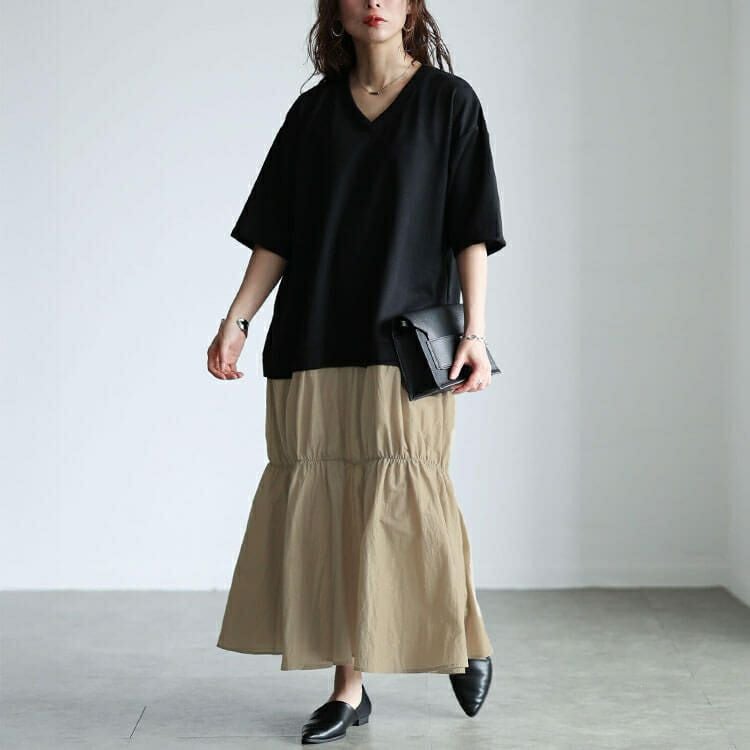 大きいサイズ レディース Vネック異素材ドッキングギャザーワンピース　sw-0732