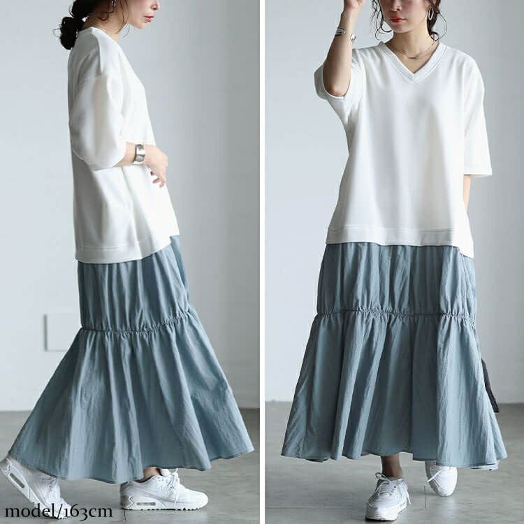 大きいサイズ レディース Vネック異素材ドッキングギャザーワンピース　sw-0732