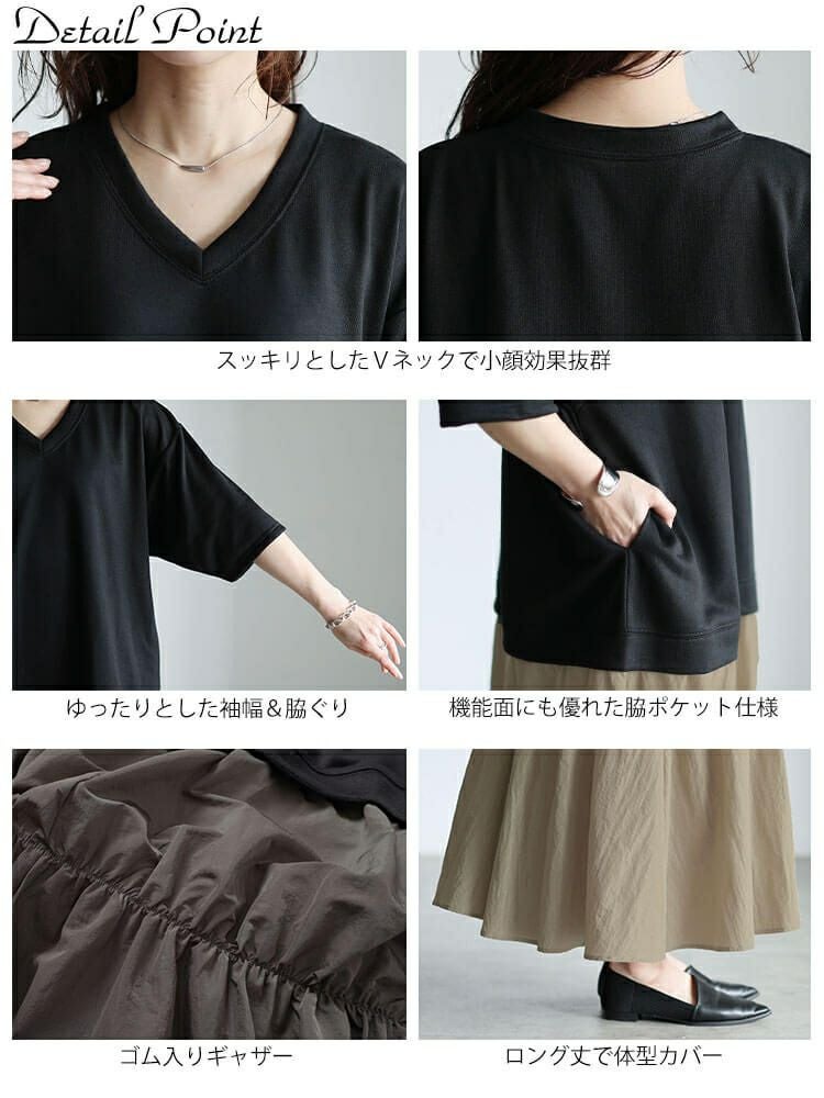 大きいサイズ レディース Vネック異素材ドッキングギャザーワンピース　sw-0732