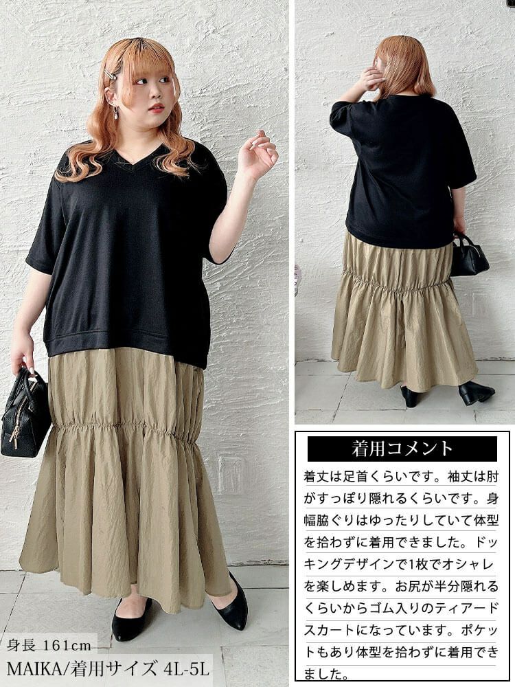 大きいサイズ レディース Vネック異素材ドッキングギャザーワンピース　sw-0732