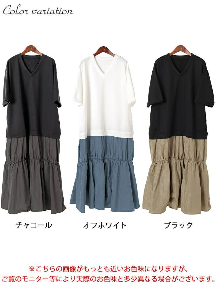 大きいサイズ レディース Vネック異素材ドッキングギャザーワンピース　sw-0732