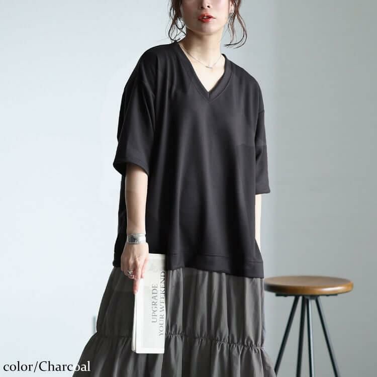 大きいサイズ レディース Vネック異素材ドッキングギャザーワンピース　sw-0732 チャコール