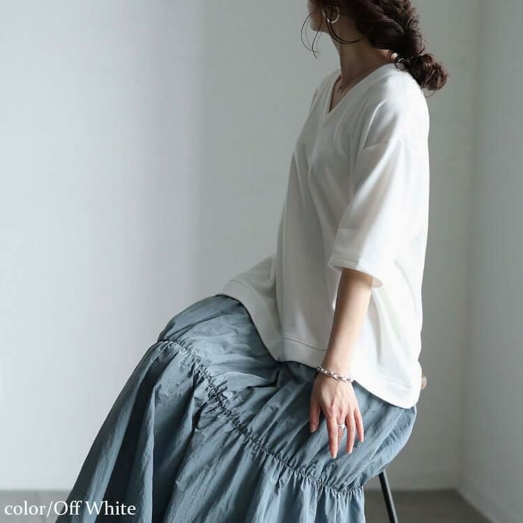 大きいサイズ レディース Vネック異素材ドッキングギャザーワンピース　sw-0732 オフホワイト