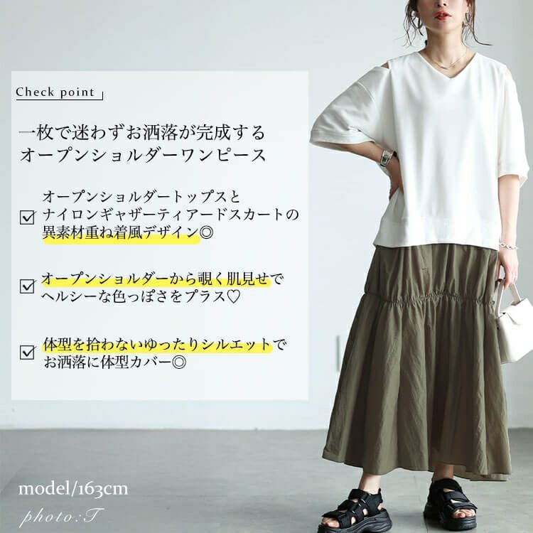 大きいサイズ レディース スリット袖ドッキングギャザーワンピース　sw-0731