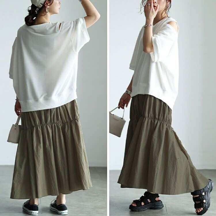 大きいサイズ レディース スリット袖ドッキングギャザーワンピース　sw-0731