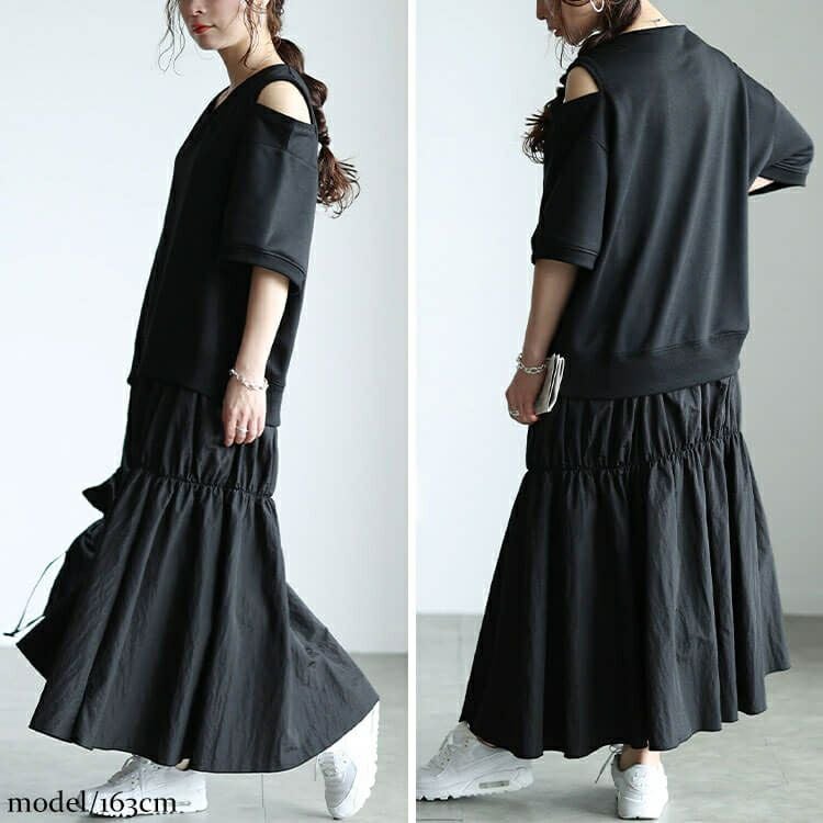 大きいサイズ レディース スリット袖ドッキングギャザーワンピース　sw-0731