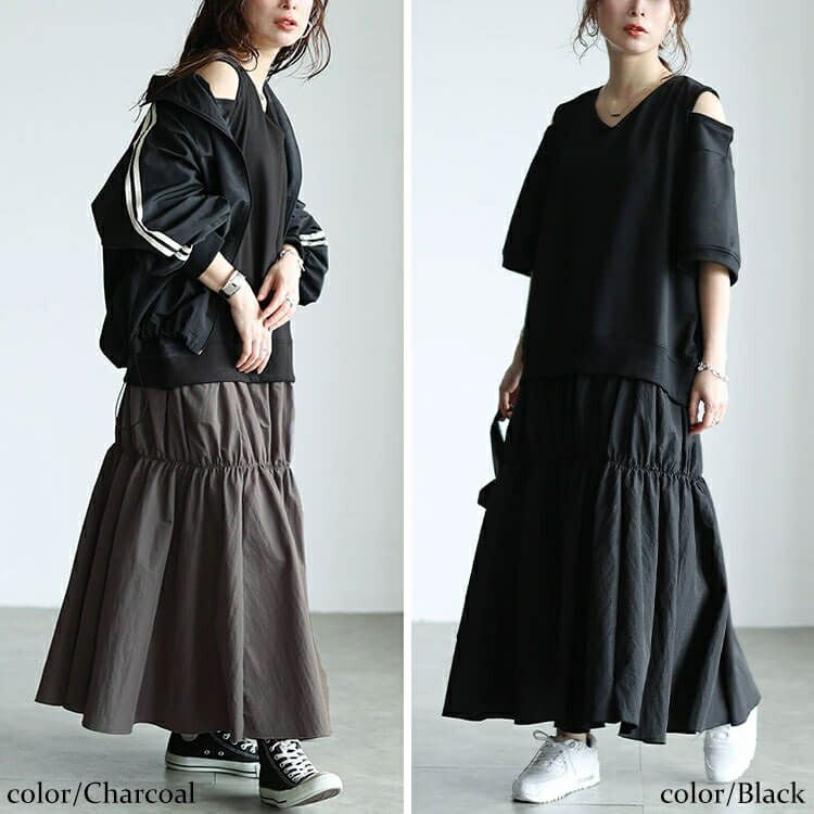 大きいサイズ レディース スリット袖ドッキングギャザーワンピース　sw-0731