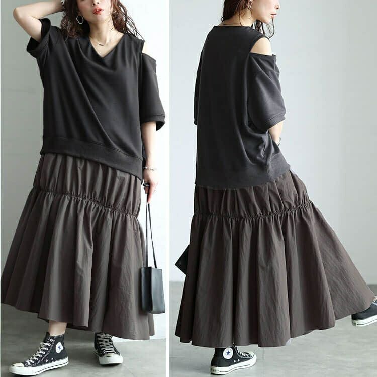 大きいサイズ レディース スリット袖ドッキングギャザーワンピース　sw-0731