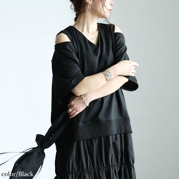 大きいサイズ レディース スリット袖ドッキングギャザーワンピース　sw-0731 ブラック