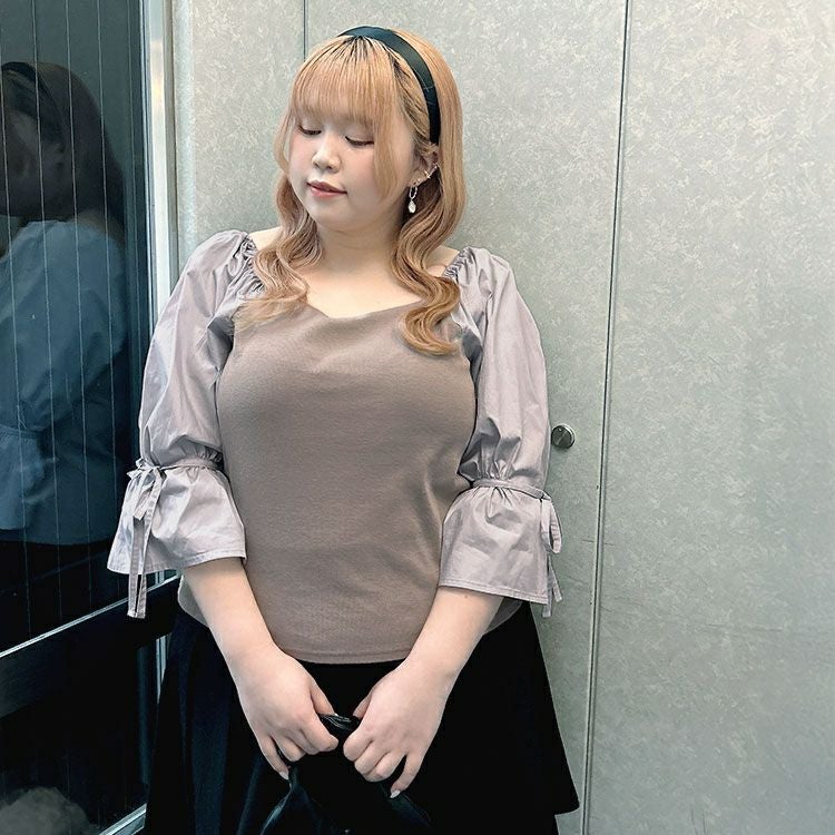 大きいサイズ レディース 異素材リボンキャンディスリーブトップス　zibo-526952 【メール便可】