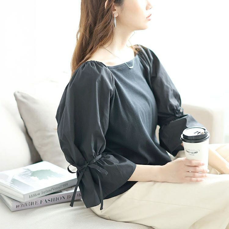 大きいサイズ レディース 異素材リボンキャンディスリーブトップス　zibo-526952 【メール便可】