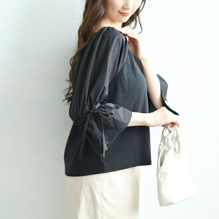 大きいサイズ レディース 異素材リボンキャンディスリーブトップス　zibo-526952 【メール便可】