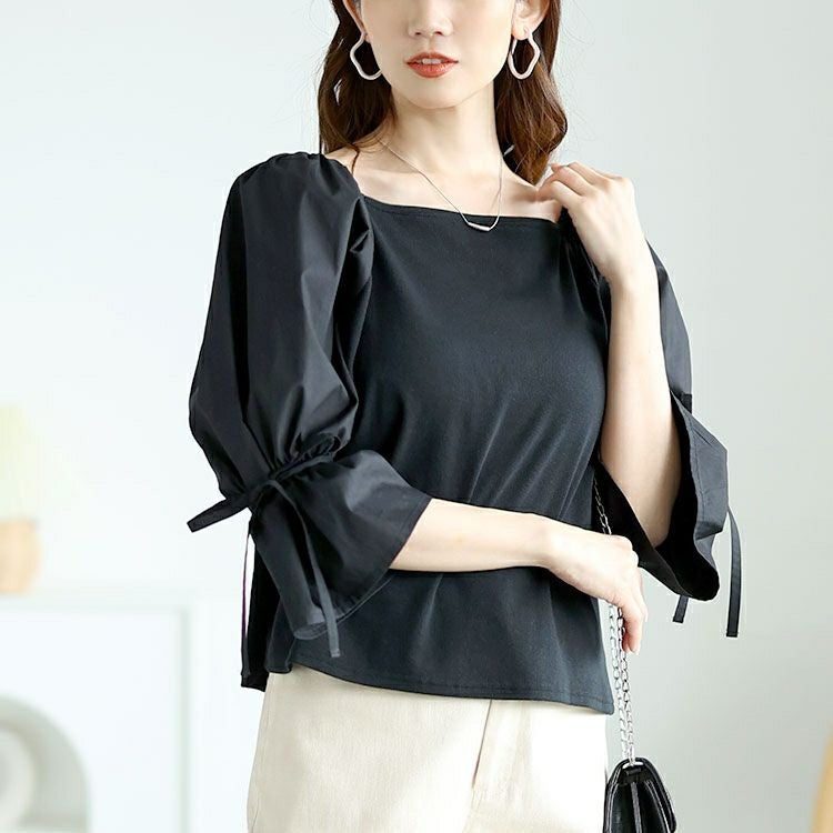 大きいサイズ レディース 異素材リボンキャンディスリーブトップス　zibo-526952 【メール便可】