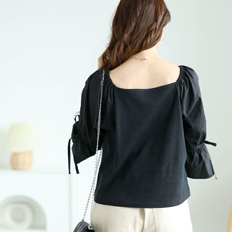 大きいサイズ レディース 異素材リボンキャンディスリーブトップス　zibo-526952 【メール便可】