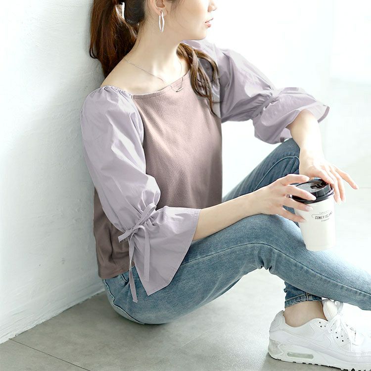 大きいサイズ レディース 異素材リボンキャンディスリーブトップス　zibo-526952 【メール便可】