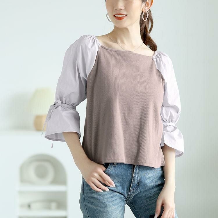 大きいサイズ レディース 異素材リボンキャンディスリーブトップス　zibo-526952 【メール便可】 ラベンダー