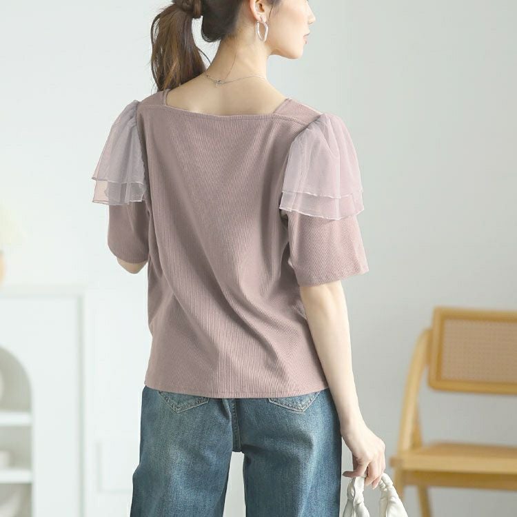 大きいサイズ レディース 肩フリルシャーリングハートネックトップス　zibo-526951 【メール便可】