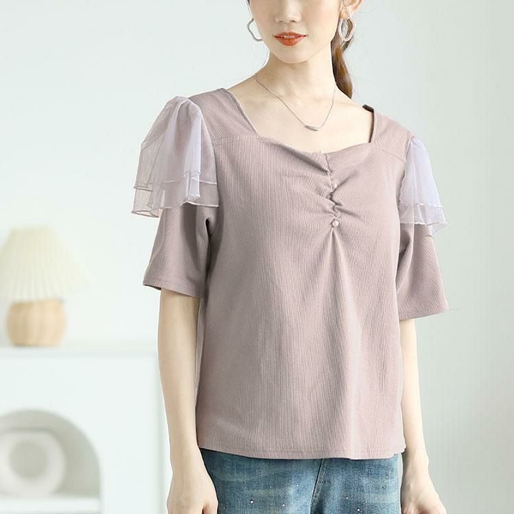 大きいサイズ レディース 肩フリルシャーリングハートネックトップス　zibo-526951 【メール便可】 ラベンダー