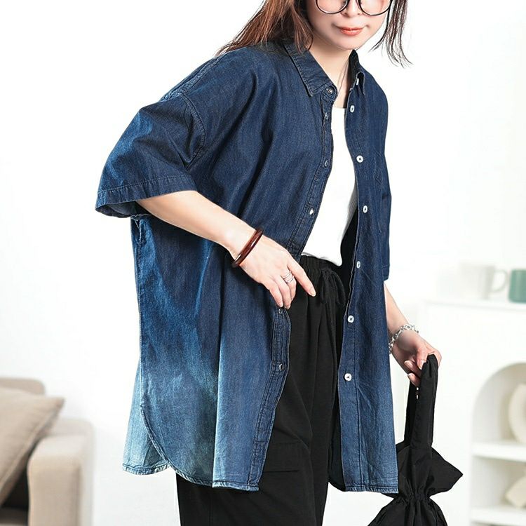 大きいサイズ レディース 裾グラデオーバーサイズコットンデニムシャツ　wd-0380 【メール便可】