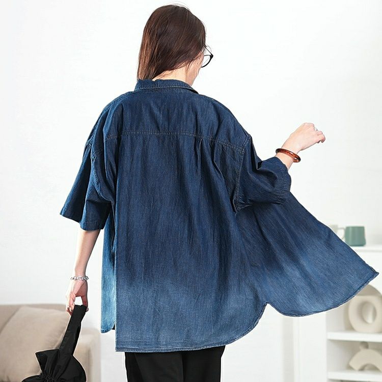 大きいサイズ レディース 裾グラデオーバーサイズコットンデニムシャツ　wd-0380 【メール便可】