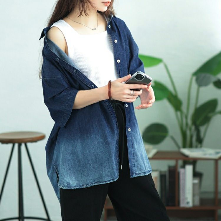 大きいサイズ レディース 裾グラデオーバーサイズコットンデニムシャツ　wd-0380 【メール便可】