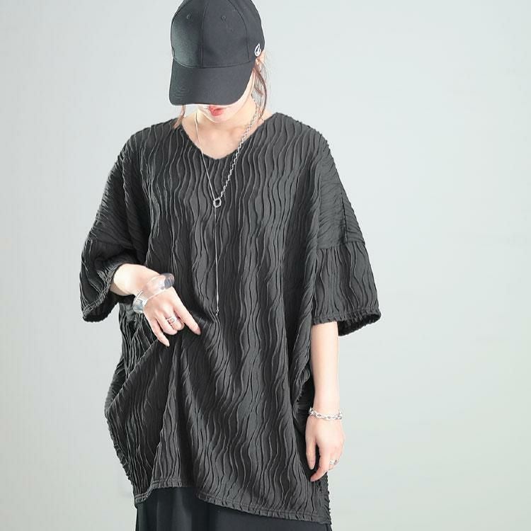 大きいサイズ レディース ウェーブストライプドルマンチュニック　maru-30142 チャコール