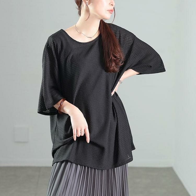 大きいサイズ レディース ダイヤ柄ジャガードビッグTシャツ　maru-30138 【メール便可】 ブラック