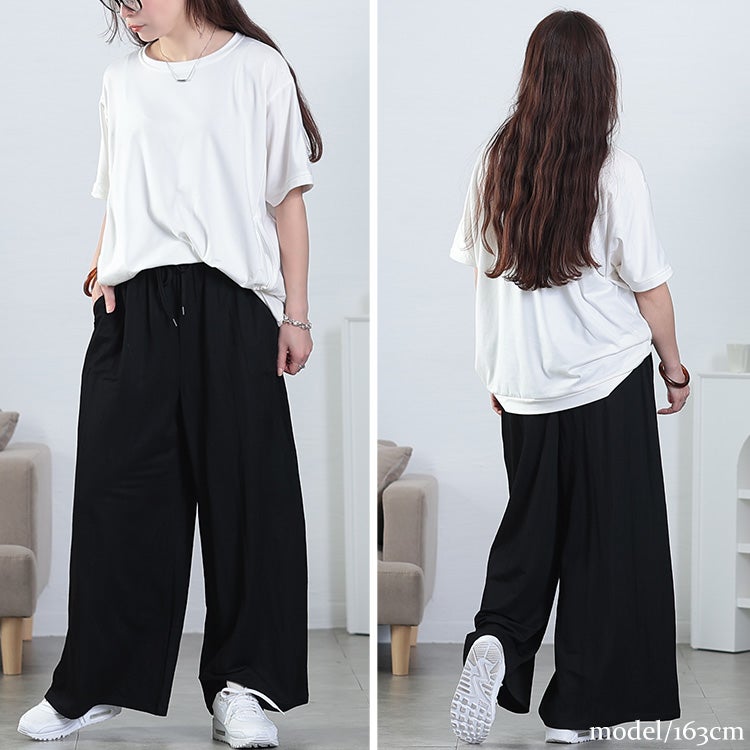 大きいサイズ レディース UVカット＆接触冷感ストレッチ鹿の子ワイドフレアパンツ　map-41 【メール便可】