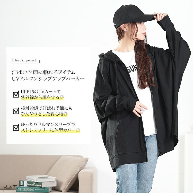大きいサイズ レディース UVカット＆接触冷感ストレッチ鹿の子ドルマンZIPパーカー　map-37