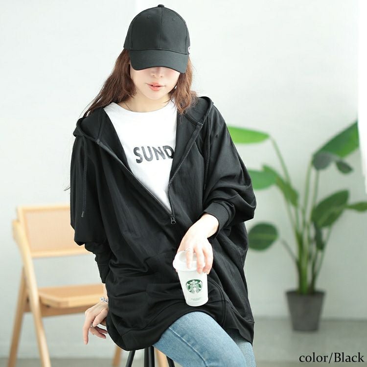 大きいサイズ レディース UVカット＆接触冷感ストレッチ鹿の子ドルマンZIPパーカー　map-37