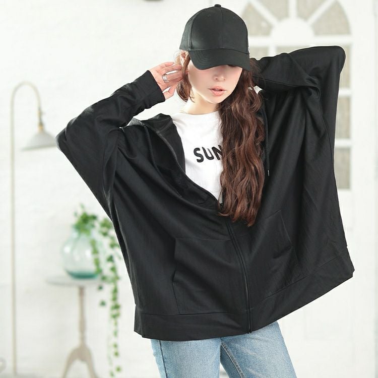 大きいサイズ レディース UVカット＆接触冷感ストレッチ鹿の子ドルマンZIPパーカー　map-37