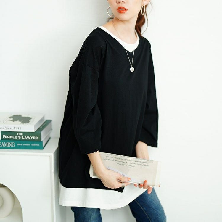 大きいサイズ レディース 裾スリット重ね着風コットンカットソー　cpdai-659643 【メール便可】