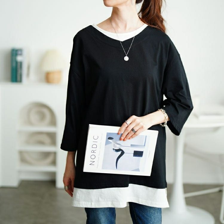 大きいサイズ レディース 裾スリット重ね着風コットンカットソー　cpdai-659643 【メール便可】