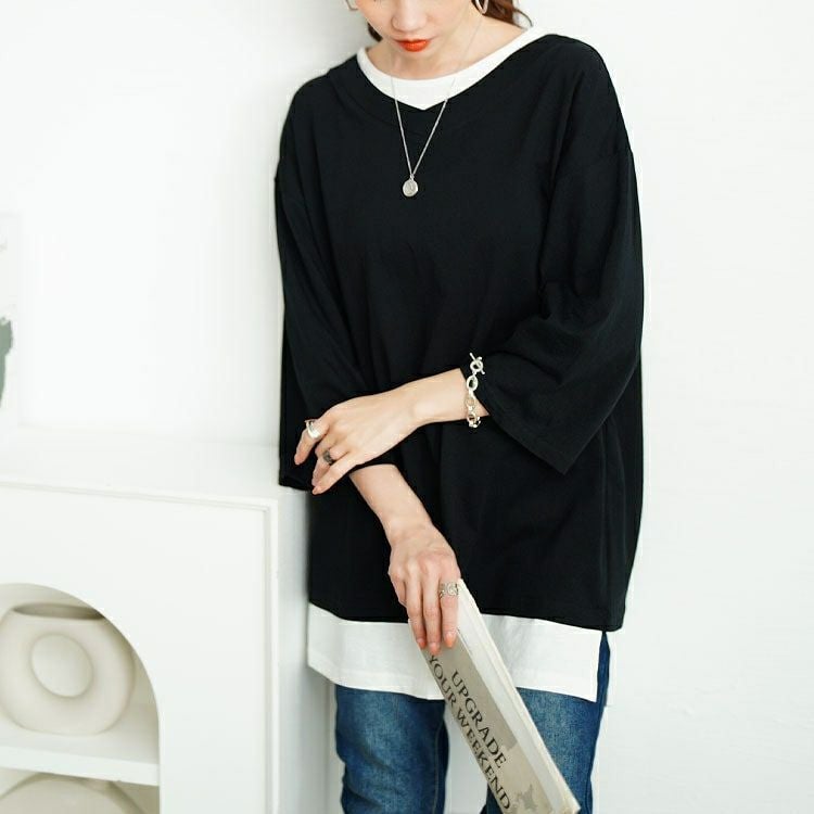 大きいサイズ レディース 裾スリット重ね着風コットンカットソー　cpdai-659643 【メール便可】