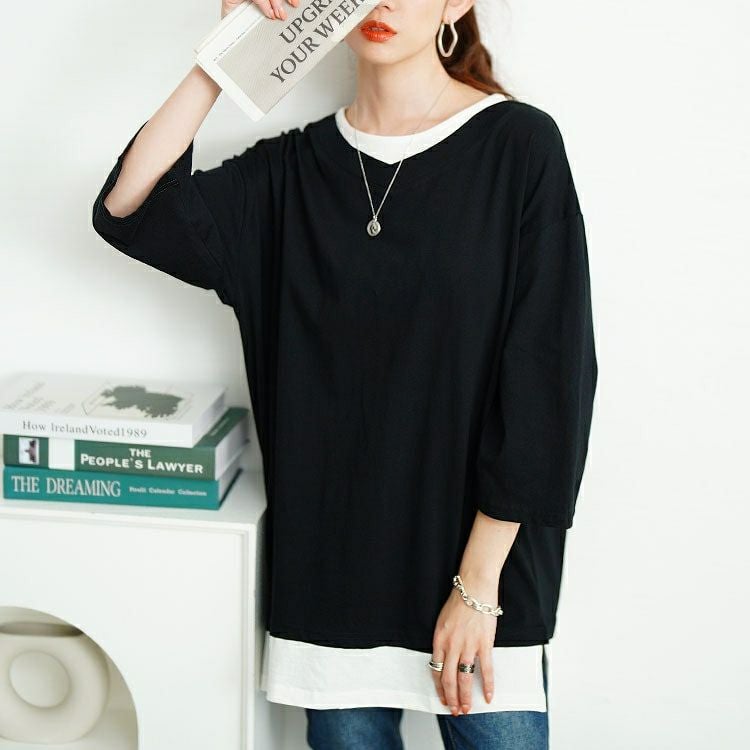 大きいサイズ レディース 裾スリット重ね着風コットンカットソー　cpdai-659643 【メール便可】