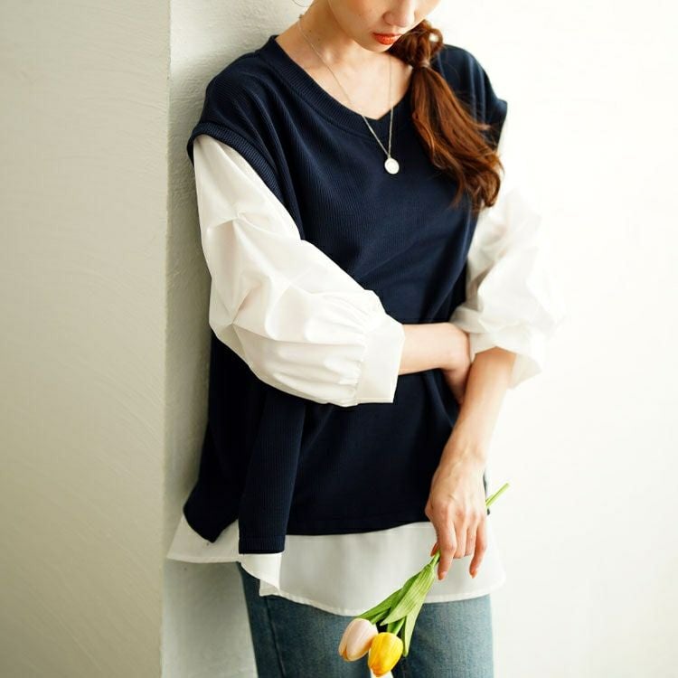 大きいサイズ レディース タックスリーブフェイクベストプルオーバー　cpdai-659657