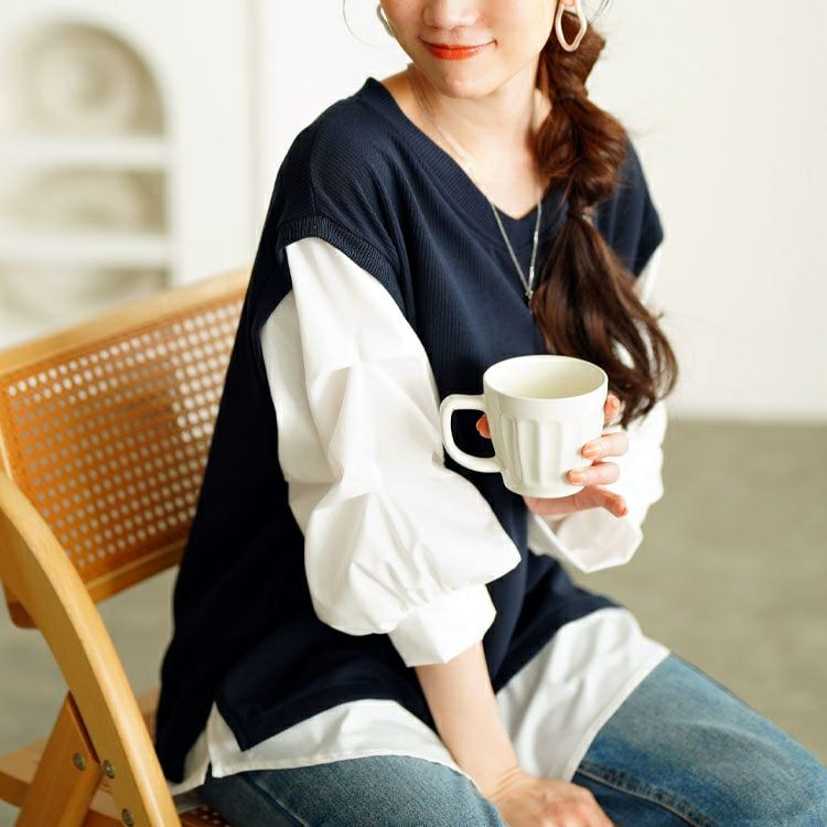 大きいサイズ レディース タックスリーブフェイクベストプルオーバー　cpdai-659657