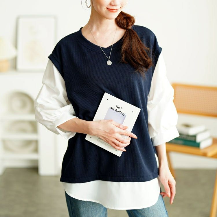 大きいサイズ レディース タックスリーブフェイクベストプルオーバー　cpdai-659657