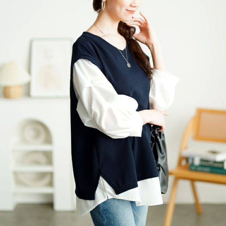 大きいサイズ レディース タックスリーブフェイクベストプルオーバー　cpdai-659657