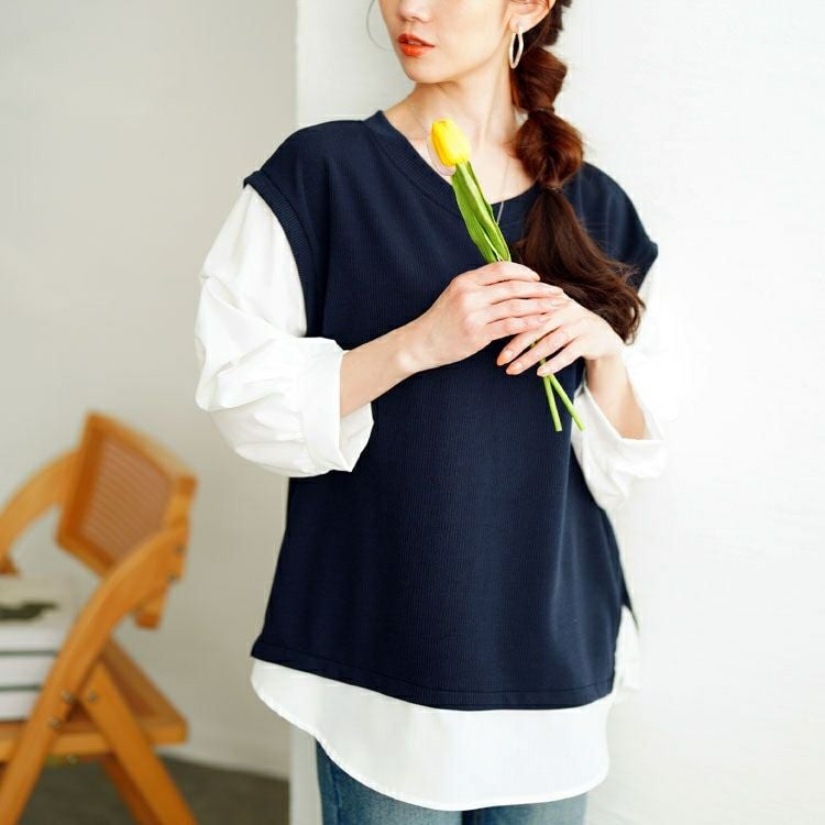 大きいサイズ レディース タックスリーブフェイクベストプルオーバー　cpdai-659657