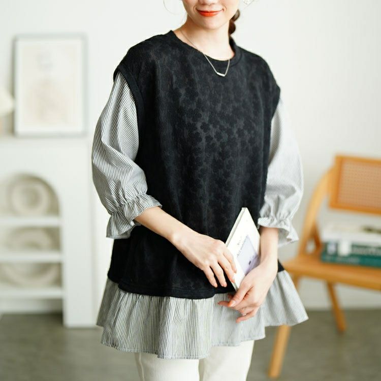 大きいサイズ レディース 花柄ジャガードフェイクベストプルオーバー　cpdai-659656 【メール便可】