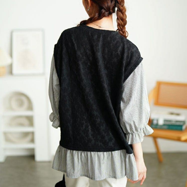 大きいサイズ レディース 花柄ジャガードフェイクベストプルオーバー　cpdai-659656 【メール便可】