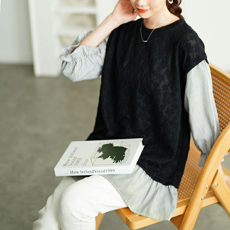 大きいサイズ レディース 花柄ジャガードフェイクベストプルオーバー　cpdai-659656 【メール便可】