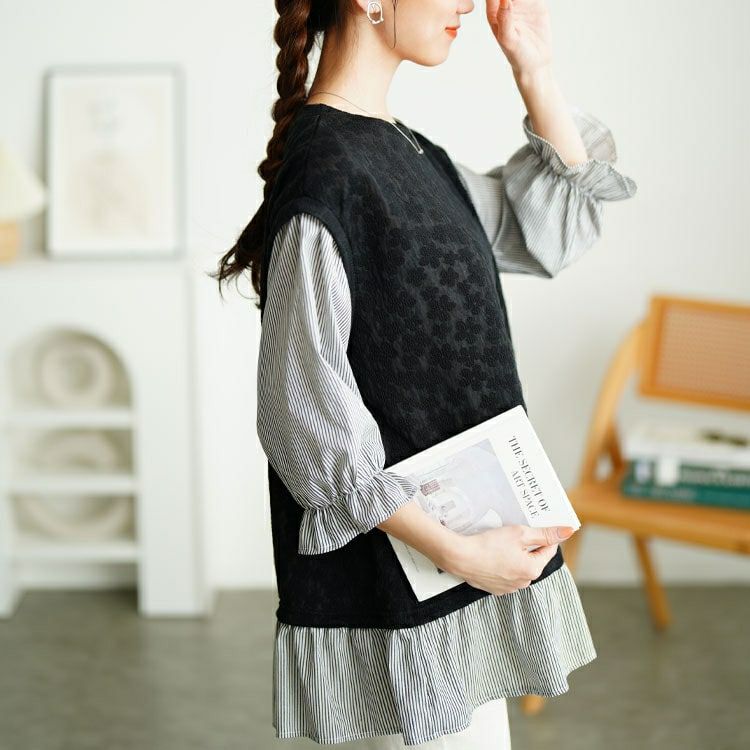 大きいサイズ レディース 花柄ジャガードフェイクベストプルオーバー　cpdai-659656 【メール便可】